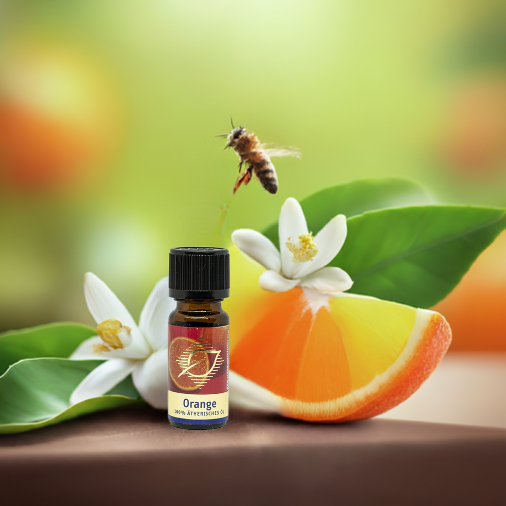 Orange Ätherisches Öl 10 ml Hintergrund Wespe, Orangen und Blüten