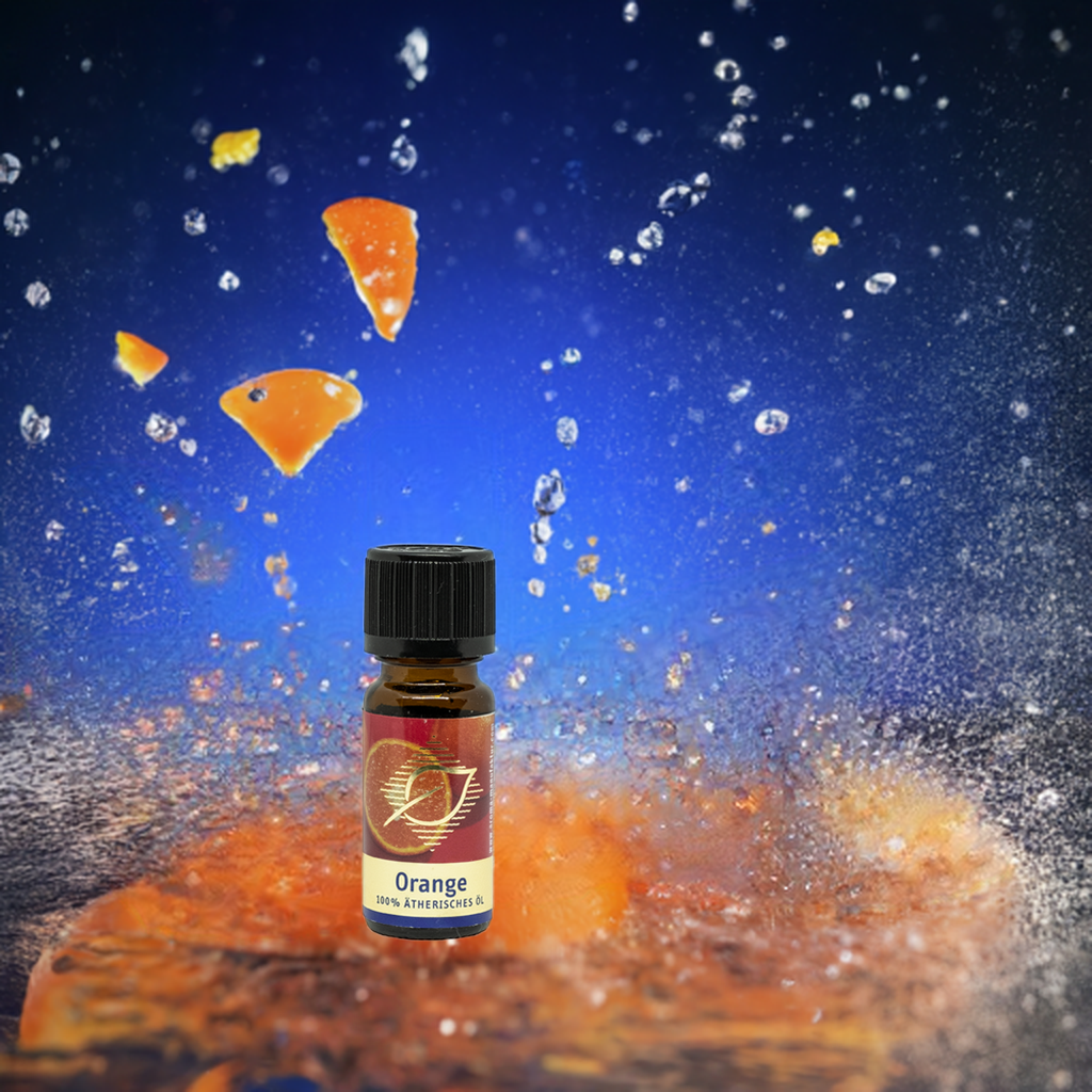 Orange Ätherisches Öl 10 ml Hintergrund blau sowie orange > spritzig & erfrischend