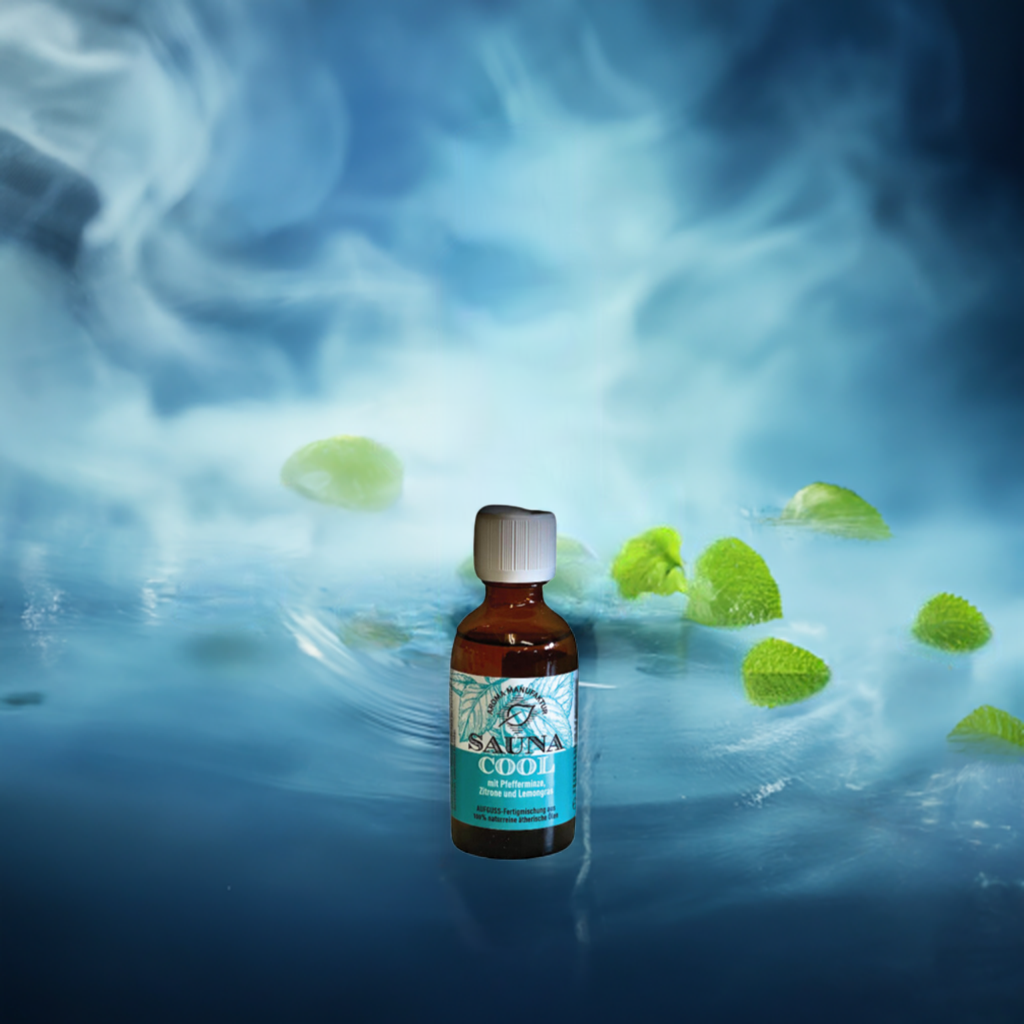 Sauna Konzentrat Cool mit Pfefferminzöl, Zitrone und Lemongras 50 ml > Hintergrund blau, mit Zitronenblätter